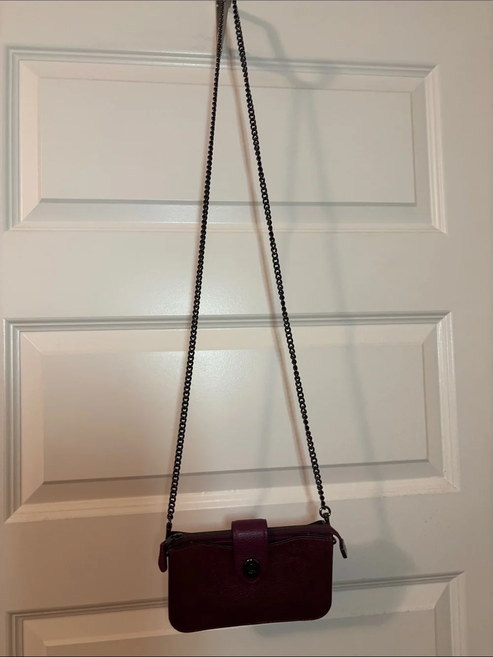 Coach Metallic Leather Turnlock Crossbody Berry Gunmetal Strap clutch wallet
